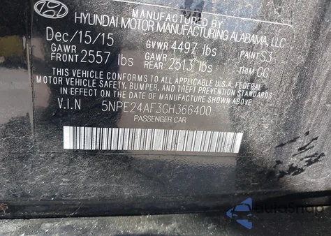 2016 Hyundai Sonata Se из США, поврежденный, VIN 5NPE24AF3GH366400